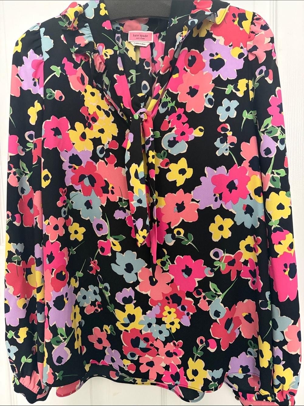 Kate Spade Black Floral Tie-Neck Blouse with Bright Multicolor Blooms